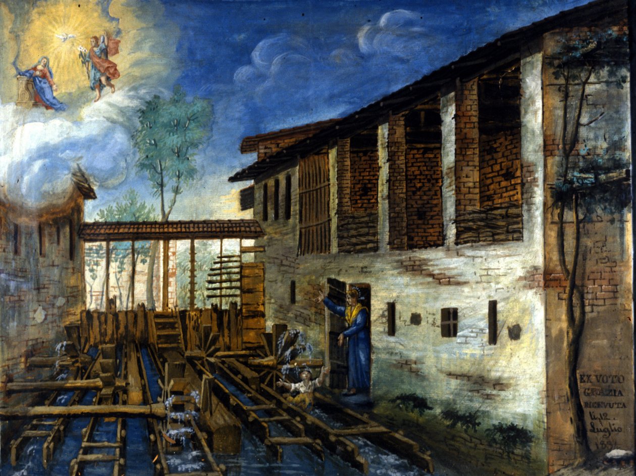 Su değirmeninin paletlerinden kurtarılan küçük bir çocuk. by Unknown artist