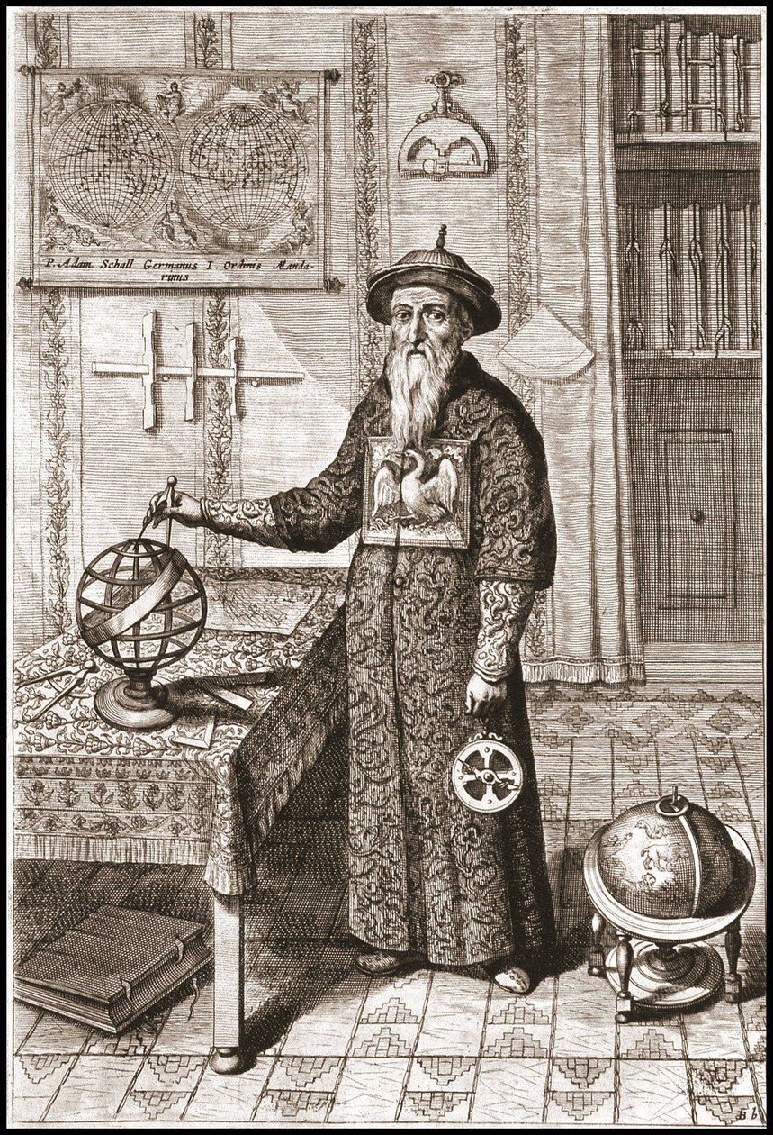 Adam Schall, gökbilimci (1592-1666), karasal ve göksel küreler ve usturlab ile mandalina kostümü içinde - Athanase Kircher (veya Athanasius Kircheri) tarafından “Çin”de by Unknown artist