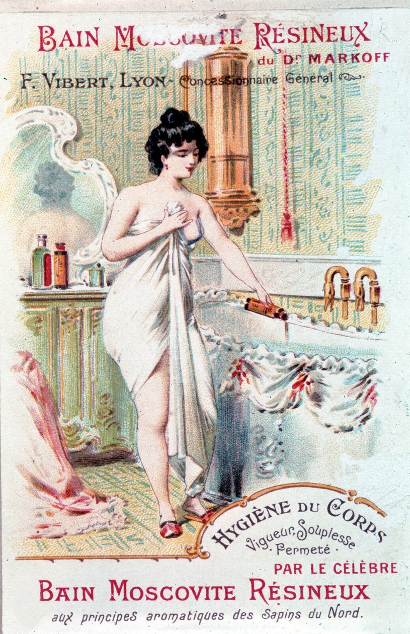 Muskovit Resineux banyosu için, vücudun hijyeni için reklam: genç bir kadın, küvetine banyo yağı döktü. 1890. by Unknown artist
