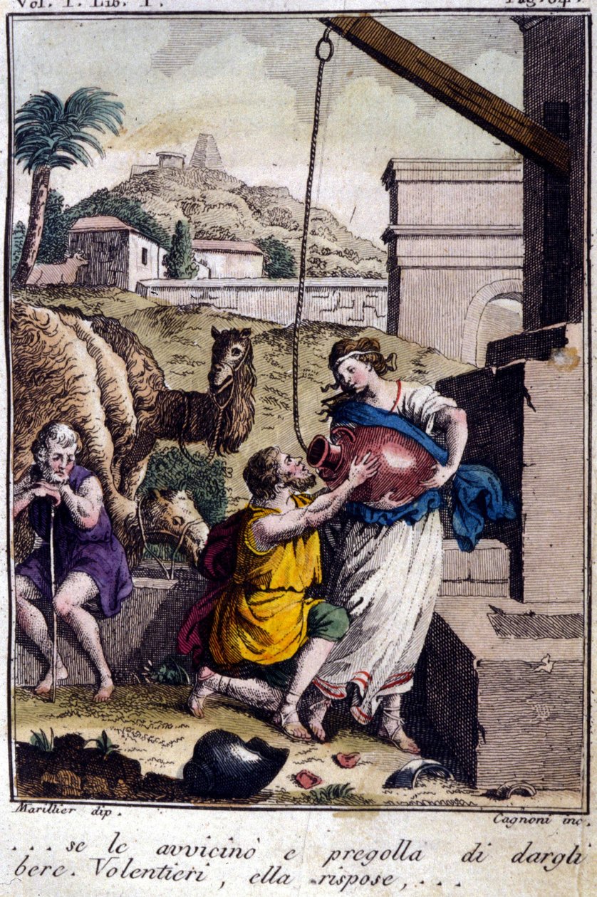 Ağar kuyuya: Yaklaşıyorum ve ondan bir içki vermesini istiyorum. Cevap verecek... 19. yüzyılın başından itibaren gravür. by Unknown artist
