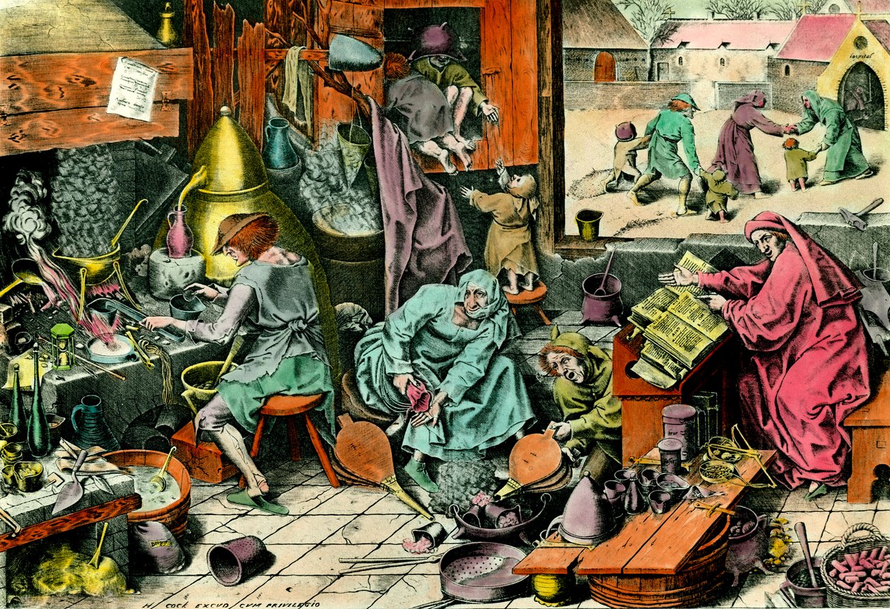 Simya Laboratuvarı Bir büyü kitabına danışan bir simyacı. 16. yüzyıl Özel Koleksiyonunun gravürü by Unknown artist