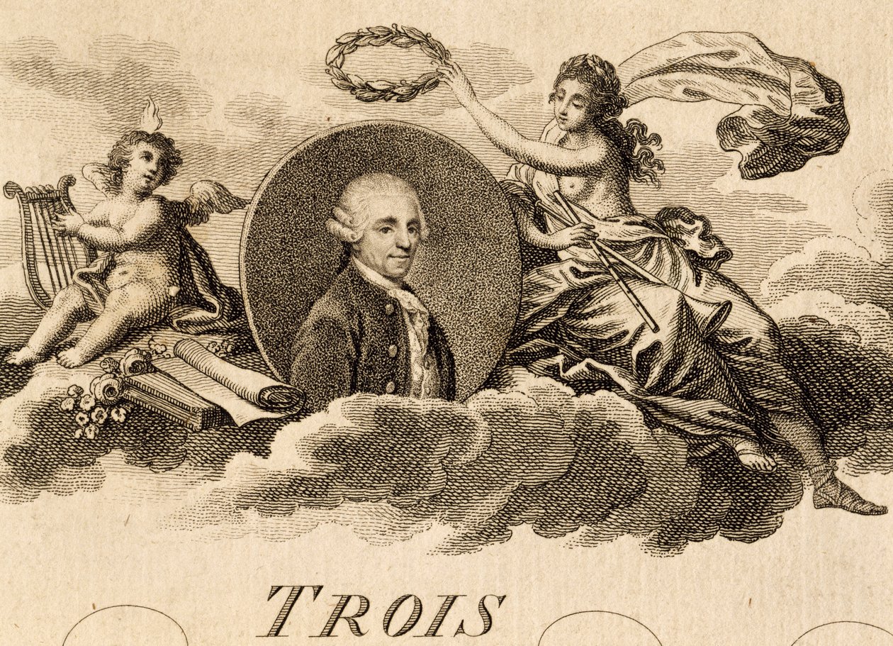 Üç Dörtlü, Opus 75, Kitap I için notanın başlık sayfasında Franz Joseph Haydn'ın (1732-1809) alegorisi by Unknown artist