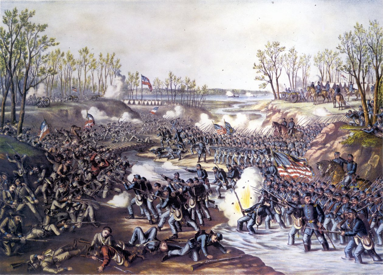 Amerikan İç Savaşı (1861 - 1865): Shiloh Savaşı veya Pittsburg Landing (Tennessee) 06-07 Nisan 1862. 19. yüzyılın gravürü. by Unknown artist