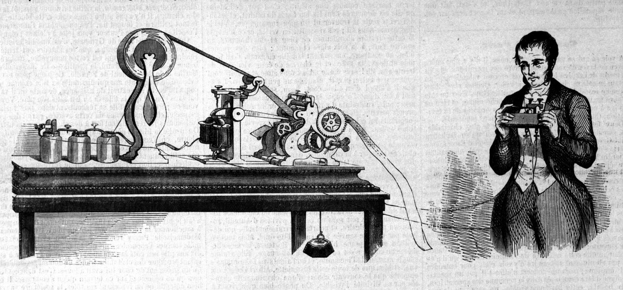 Amerikalı mucit Samuel Finley Breese Morse (1791-1872) telgrafının yanında temsil ediyor. 19. yüzyıl gravürü by Unknown artist