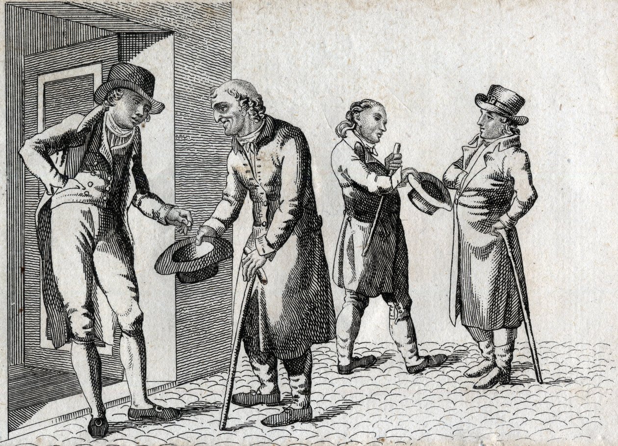 Amon. Madeni paraları yerleştirmek için şapkalarla uğraşan dilenciler. 18. yüzyılın son gravürü. Özel koleksiyon. by Unknown artist