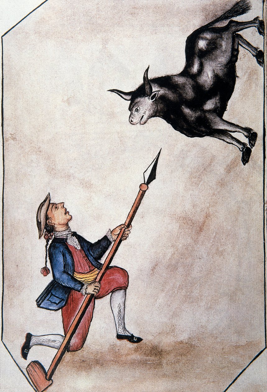 Baltazar Martinez Compañón y Bujanda, Trujillo piskoposu (1782-1785) tarafından yazılan "Trujillo del Peru" veya "Códice Martínez Compañón" kitabından mızrağıyla boğayı gösteren bir Kızılderili by Unknown artist