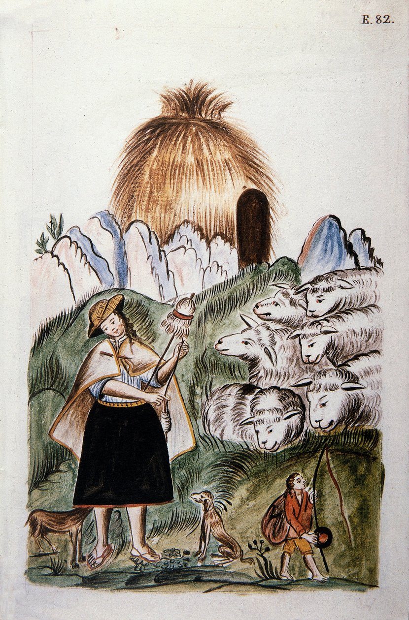 Baltazar Martinez Compañón y Bujanda, Trujillo piskoposu (1782-1785) tarafından yazılan "Trujillo del Peru" veya "Códice Martínez Compañón" kitabından sürüsüyle birlikte kulübesinin yakınında bir Hintli çoban by Unknown artist