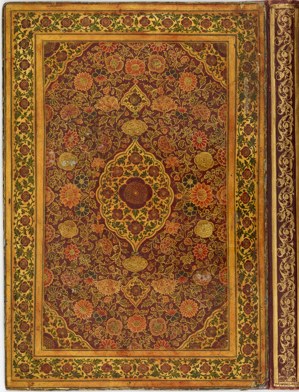 Boyalı deri kapaklarla ciltlenmiş, tablolar ve hatlar içeren bir albüm by Unknown artist