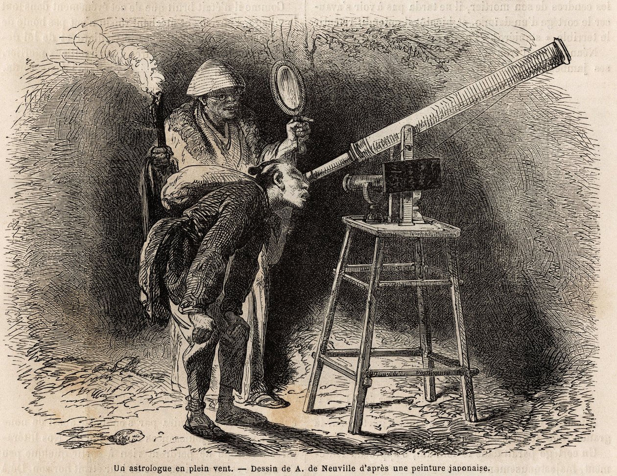 Bir astrolog, teleskopunu kullanarak açık havada gökyüzünü arar. İsviçre Konfederasyonu bakanı Aime Humbert tarafından 1863-1864