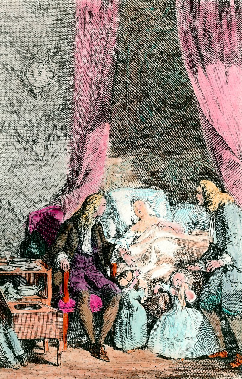 Gözlemci doktor Hasta olan veya çoktan ölmüş bir kadın, ailesi ve doktor tarafından kuşatılır. Çocuklar gözyaşları içinde. 1780 civarında gravür. Paris, Tıp Akademisi by Unknown artist