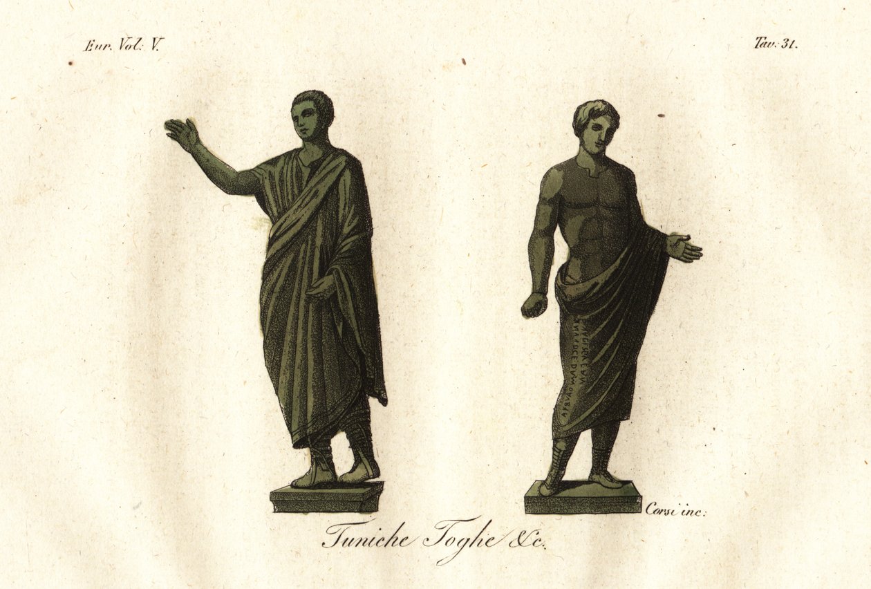 Toga, tunik, calzari (ayakkabı) giyen erkekleri gösteren antik Etrüsk heykelleri by Unknown artist