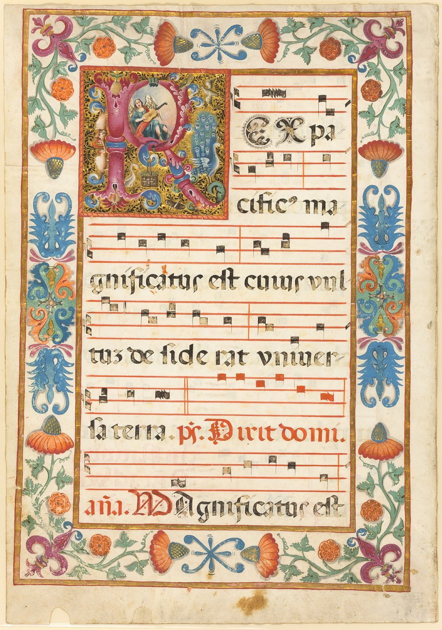 Flora, Fauna ve Grotesk ile Süslenmiş "R" Harfi İçinde Enstrüman Çalan Melek, Bir Antiphonalden by Unknown artist