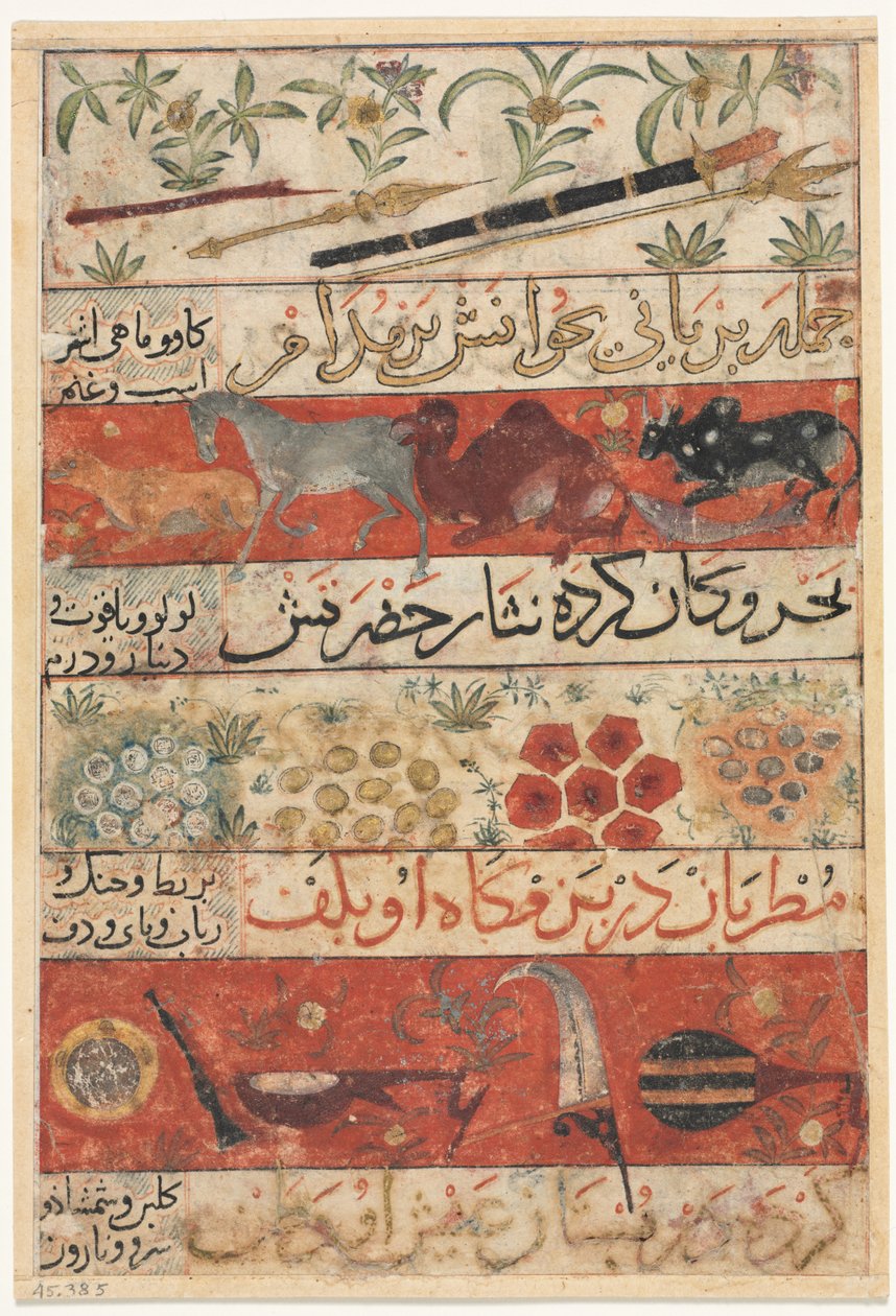 Mu'nis al-Ahrar fi Daqa'iq al-Ash'ar'dan (Şiirlerin İnceliklerinin Özgür Erkek Arkadaşı) Muhammed İbn Badr al-Din Jajarmi'den Hayvanlar, Değerli Taşlar, Sikkeler ve Müzik Aletleri (recto) ( aktif 1340'lar) by Unknown artist