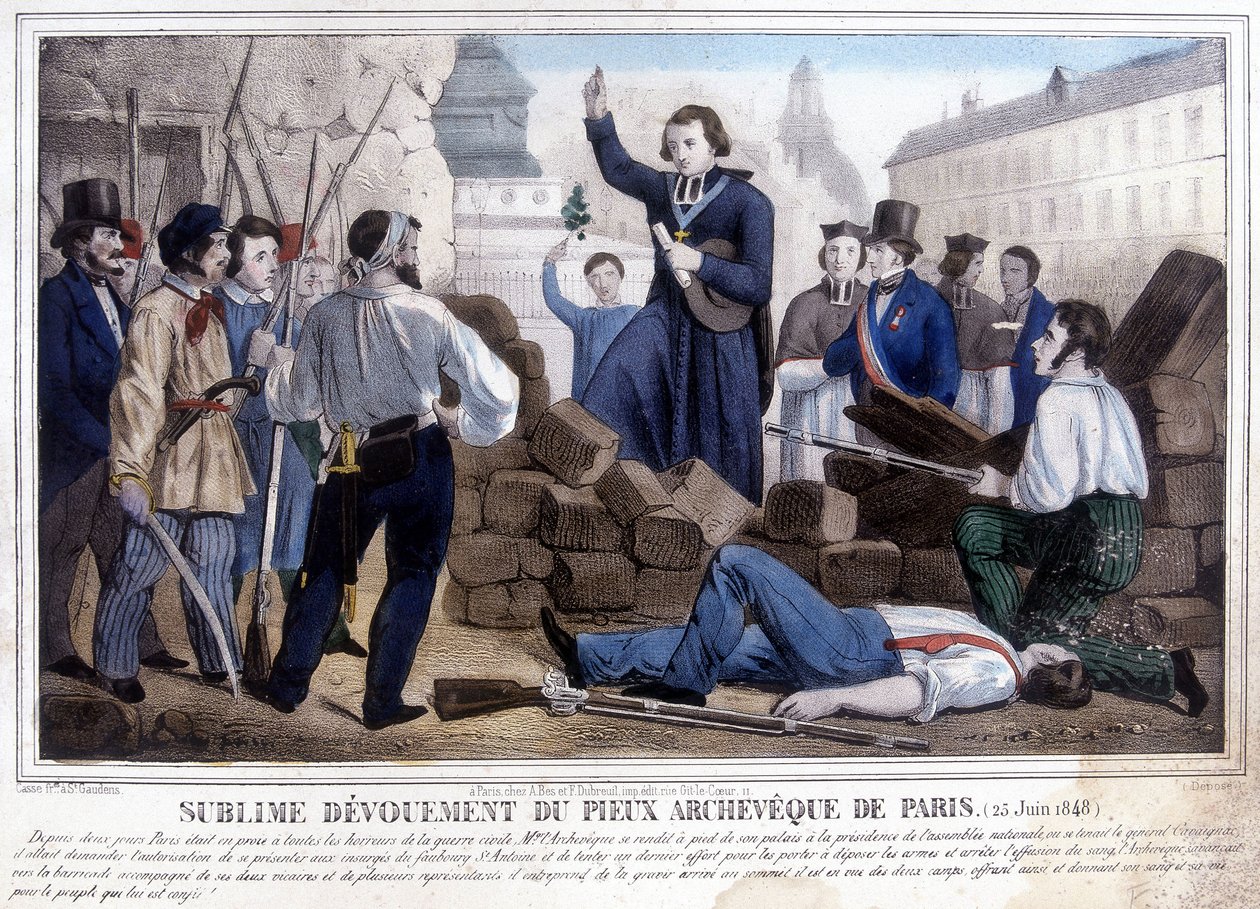 Başpiskopos Denis Affre isyancılarla buluşmak için barikatları geçti, 25 Haziran by Unknown artist