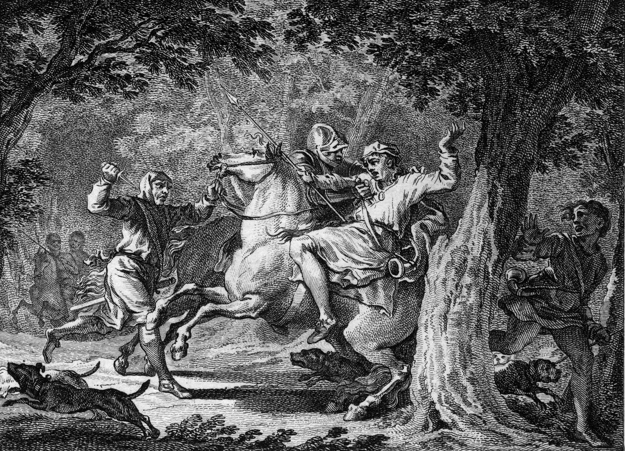 II. Childeric Suikastı, 675: Frankların kralı (653-675 dolaylarında), Lognes ormanında kırbaçladığı bir lord olan Bodillon tarafından öldürüldü. 18. yüzyılın gravürü. by Unknown artist