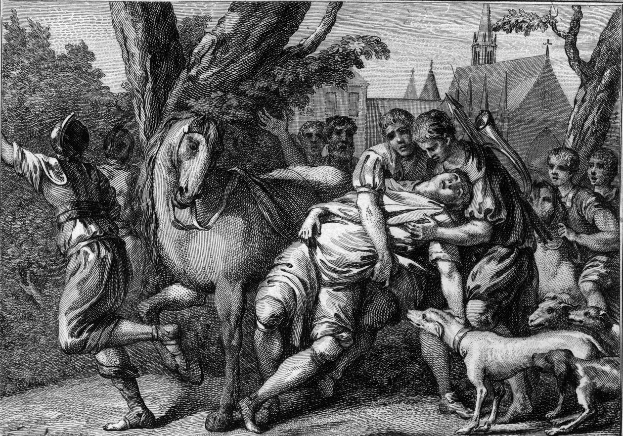 Chilperic I Suikastı (539-584), Neustria Kralı, sponsoru eşi Kraliçe Fredegonde (yaklaşık 545-597), 584. 18. yüzyıl gravürü. by Unknown artist