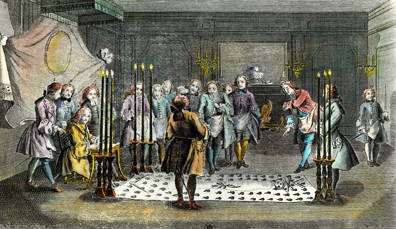 Francs Macons Meclisi, ustaların kabulü için 1750 civarında gravür Özel Koleksiyon by Unknown artist