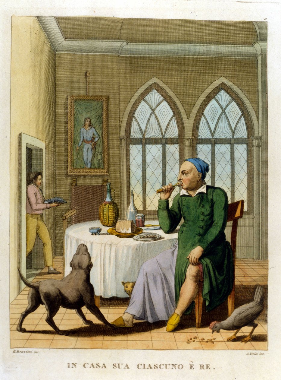 “Evde herkes kraldır.” 18. yüzyıl atasözleri koleksiyonundan illüstrasyon by Unknown artist