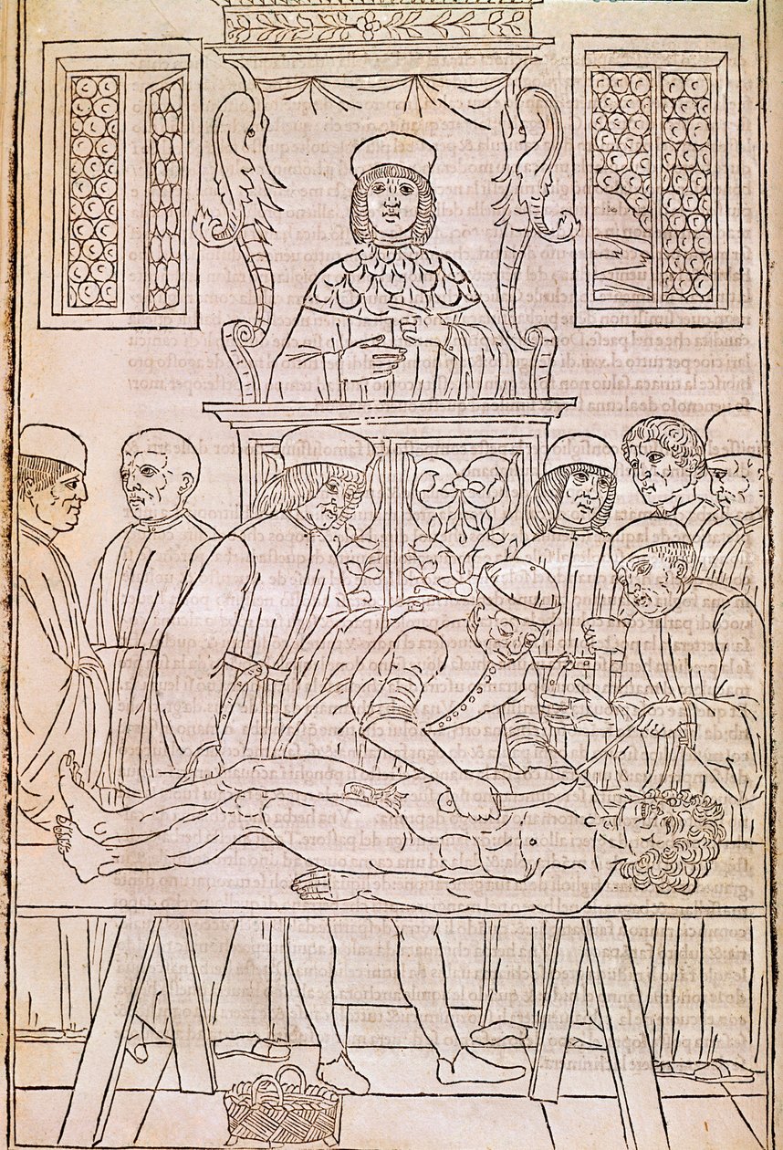 Otopsi. Kodes. Ölü bir adamın cesedi doktorlar tarafından anatomi çalışması için inceliyor. “” Fasciculus Medicinae””. Johannes Kethan tarafından bir doktorun fasikülünün kodeksi by Unknown artist