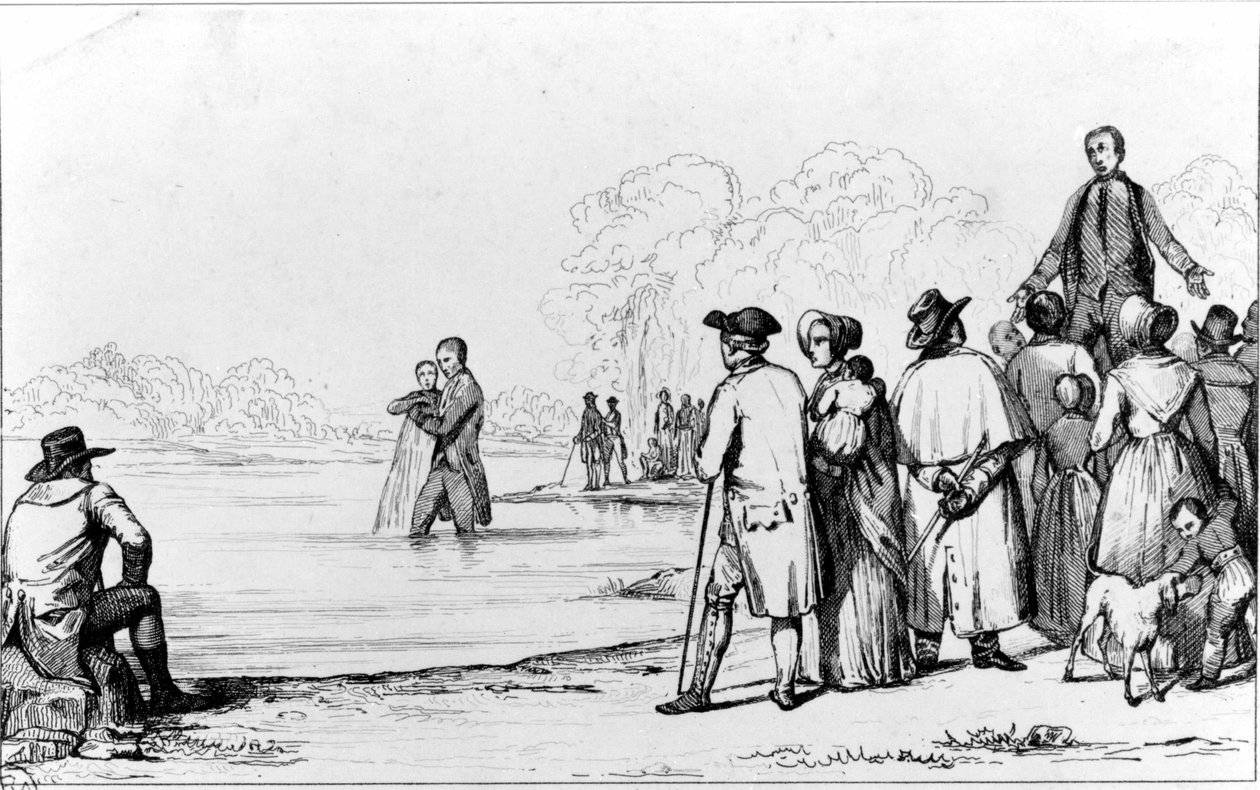 Anabaptistlerin tamamen suya daldırılarak vaftiz edilmesi. by Unknown artist