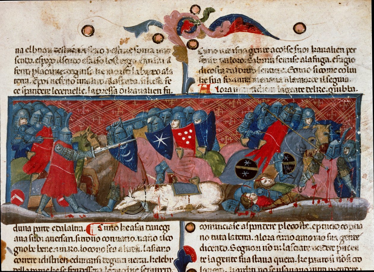 Savaş sahnesi, birbirleriyle çatışan zırhlı savaşçılar “Romalıların Gerçekleri” (Bayan 1538) adlı el yazması sayfasının detayı yaklaşık 1340 Floransa, Biblioteca Riccardiana by Unknown artist