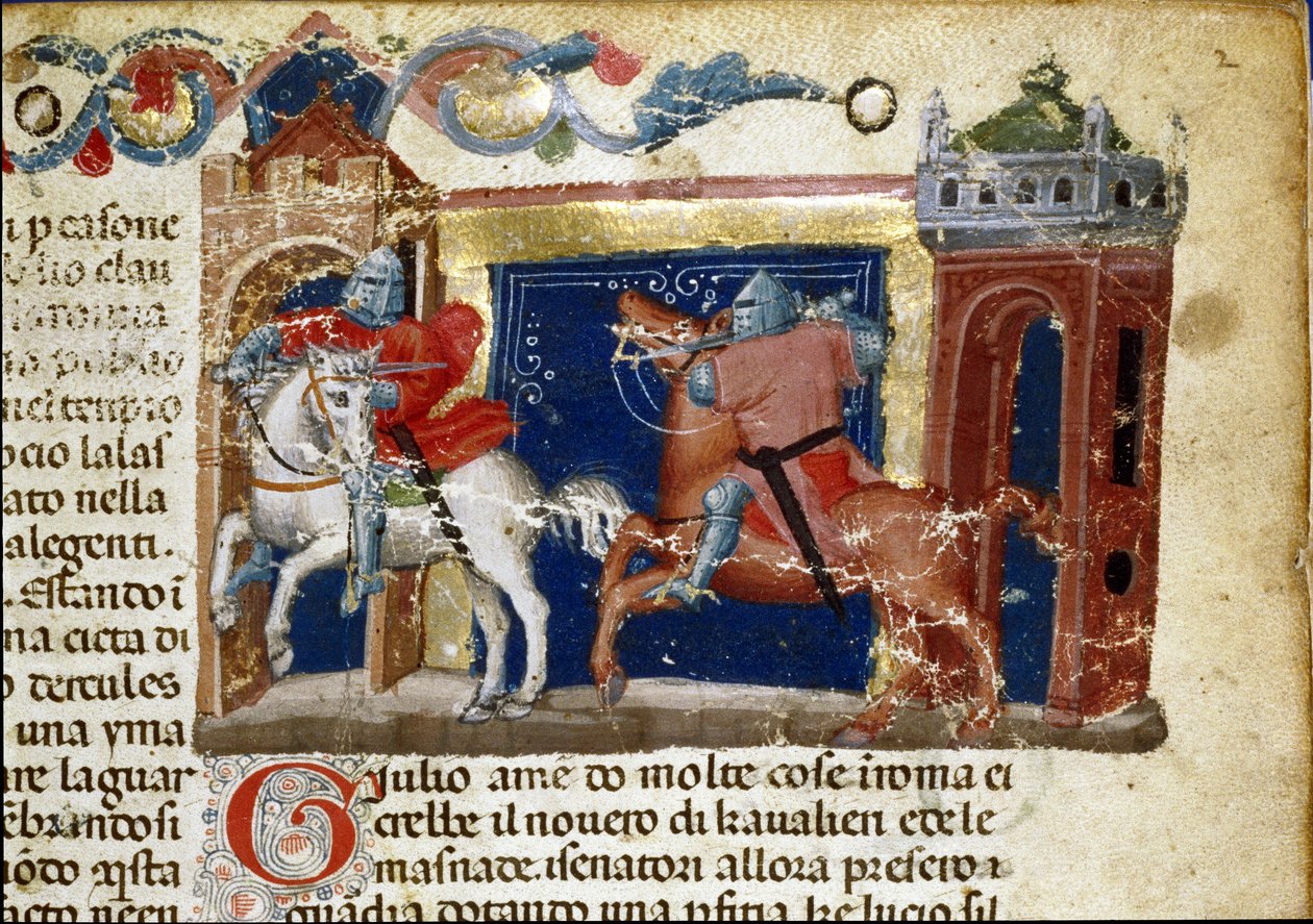 Savaş sahnesi, karşı karşıya gelen zırhlı iki şövalye “Romalıların Gerçekleri” (Bayan 1538) adlı bir el yazması sayfasının detayı, yaklaşık 1340 Floransa, Biblioteca Riccardiana by Unknown artist