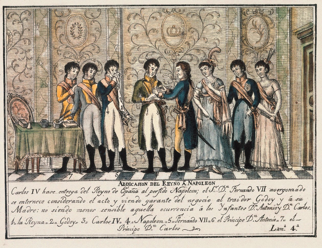 Bayonne'nin 1808'de İspanya Kralı IV. Charles'ın tahttan çekilmesini gören Aranjuez ayaklanmasının ardından, oğlu Ferdinand VII'den (Fernando VII) önce tahtı Napolyon I'e devrettiği röportajı by Unknown artist