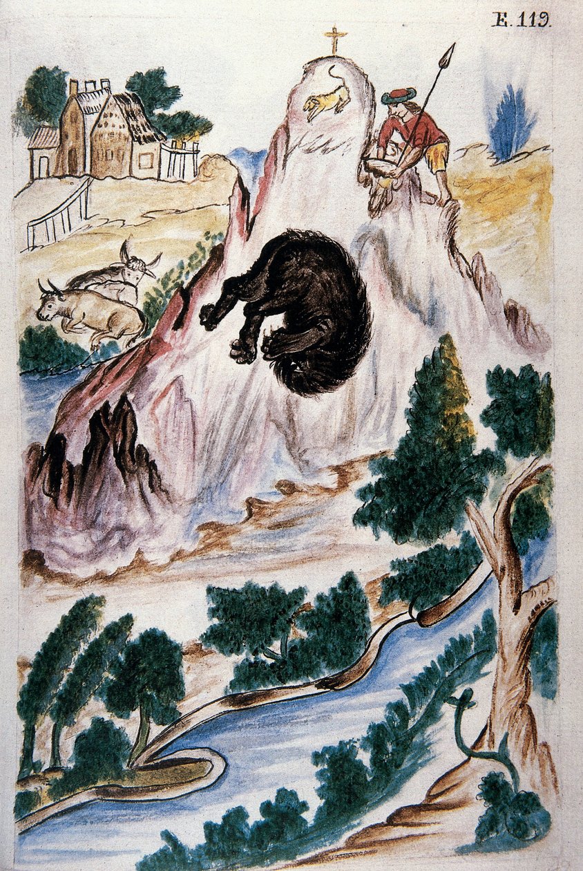 Baltazar Martinez Compañón y Bujanda, Trujillo piskoposu (1782-1785) tarafından yazılan "Trujillo del Peru" veya "Códice Martínez Compañón" kitabından ayı avı by Unknown artist