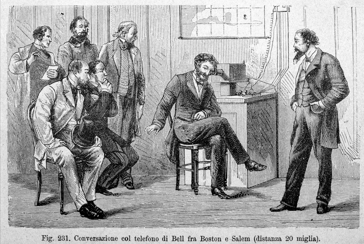 Boston ve Salem (20 mil mesafe) arasındaki Bell telefon görüşmesi. 19. yüzyılın gravürü. by Unknown artist