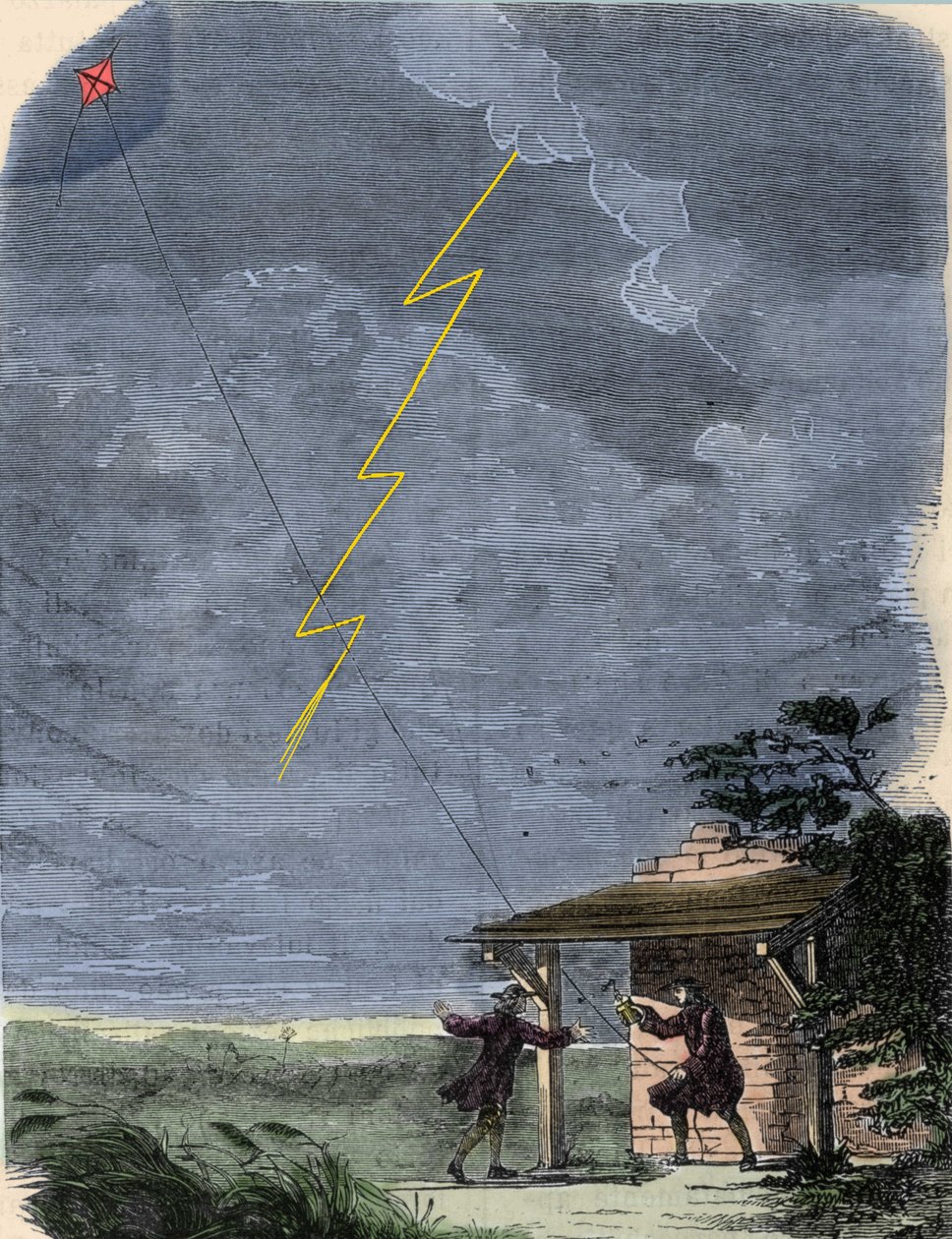 Filozof, fizikçi ve Amerikan büyükelçisi Benjamin Franklin, bir uçurtmaya monte edilmiş paratoneriyle deney yapıyor. Eylül 1752. by Unknown artist