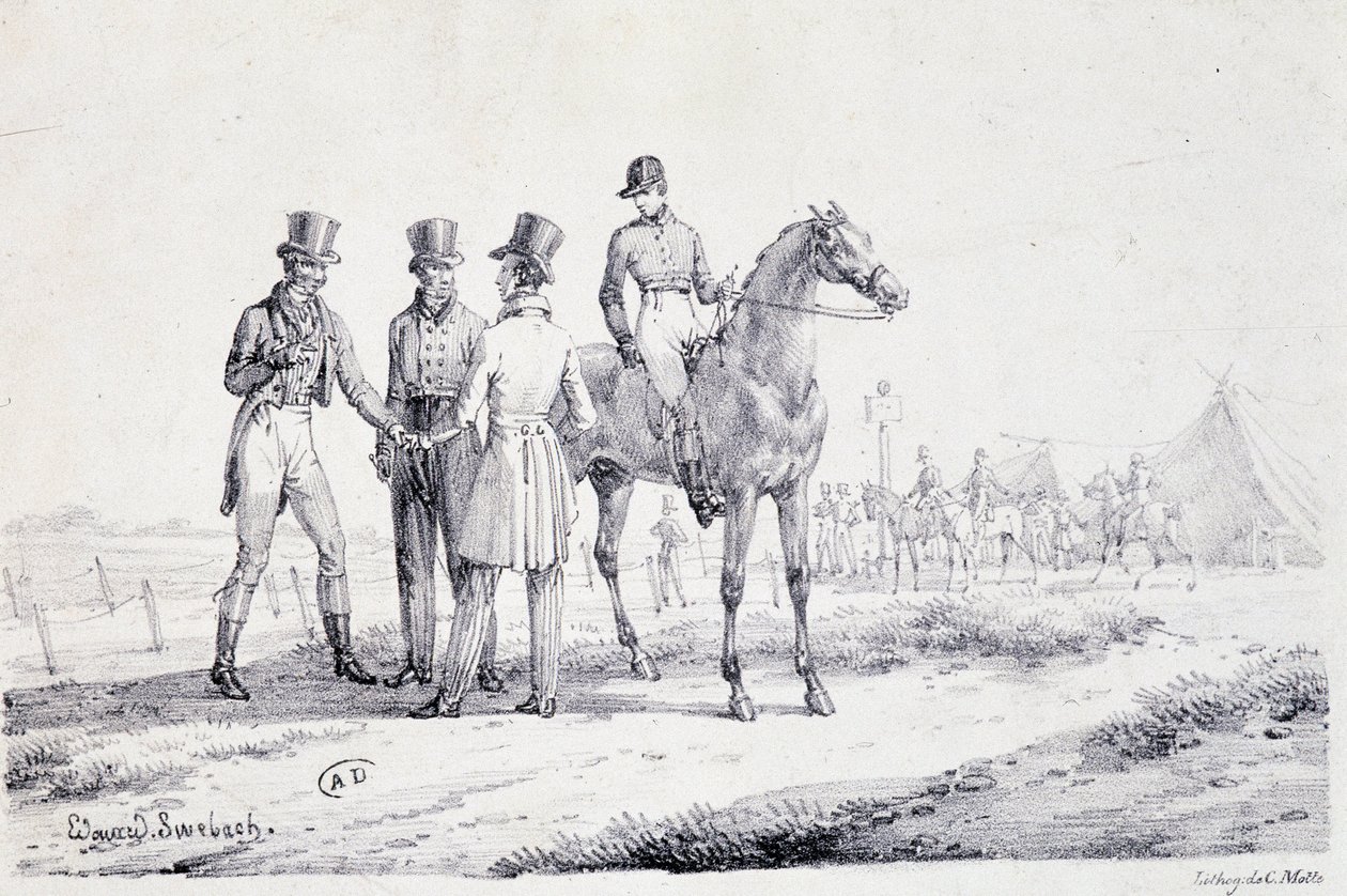 At sırtında bir jokey ile yarış alanının kenarında bahis yapın - litografi, deb. 19. yüzyıl by Unknown artist