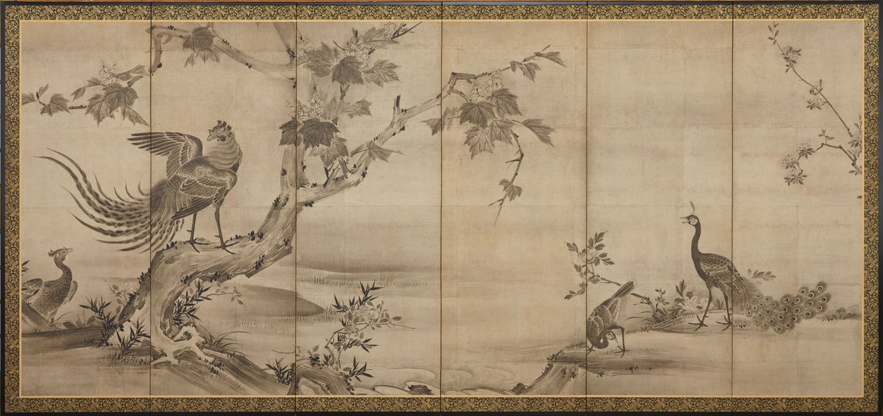 Kuşlar, çiçekler ve ağaçlar: arkada bambu ağaçları by Unknown artist