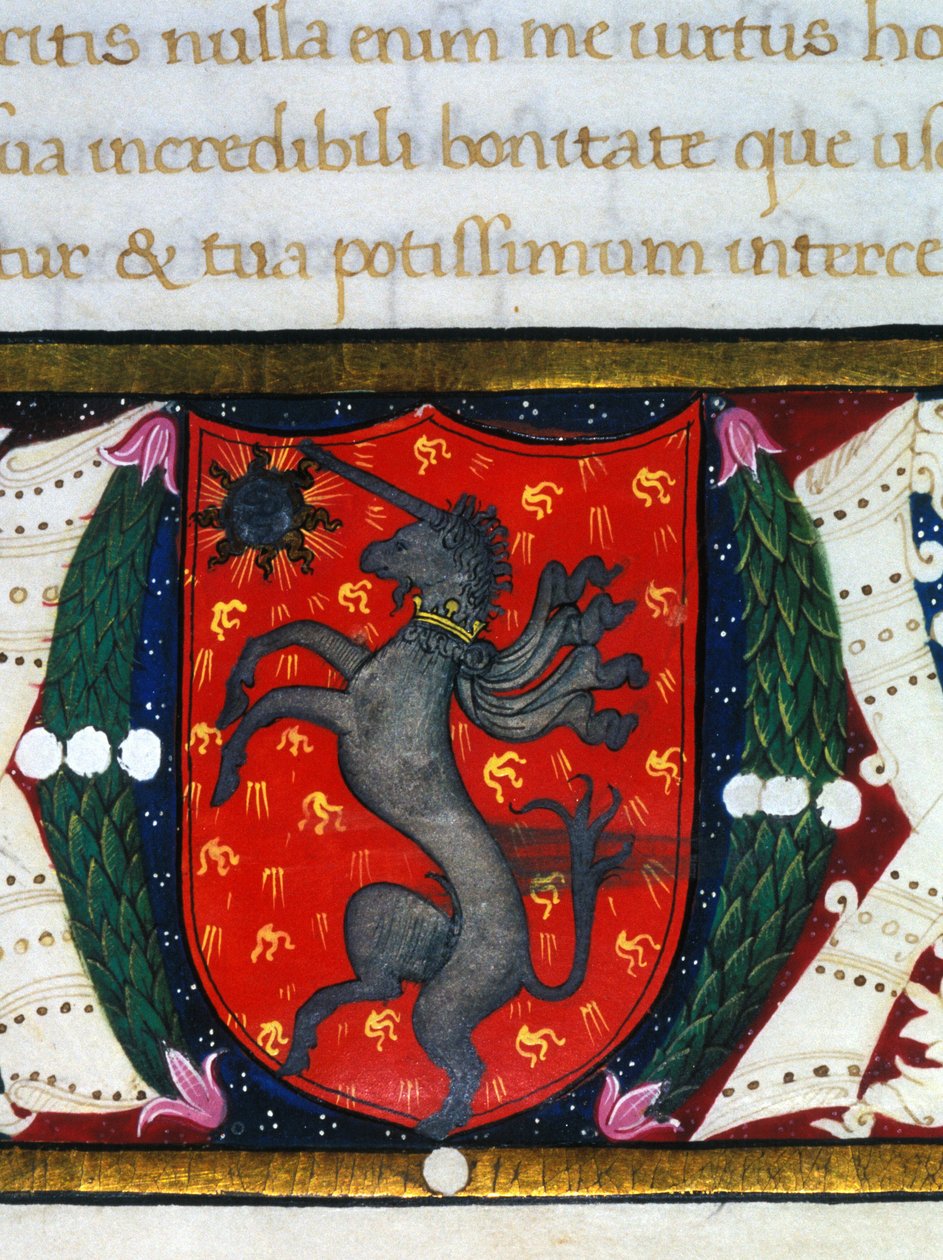 Blazon bir tek boynuzlu atı, kırmızı bir arka plan üzerinde bir yıldızı süslüyor. Minyatür detayı. 14. yüzyıl by Unknown artist