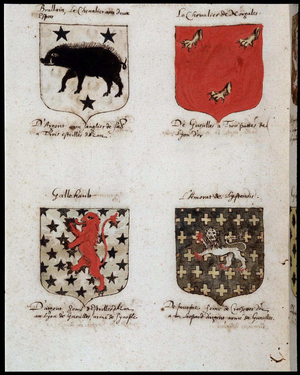 Yuvarlak Masa Şövalyelerinin Blazonları: 1. Brallain, iki vuruşlu şövalye, 2. Norgales Şövalyesi, 3. Gallehault, 4. Lystenois amoratı. SD. 19. yüzyıl. by Unknown artist