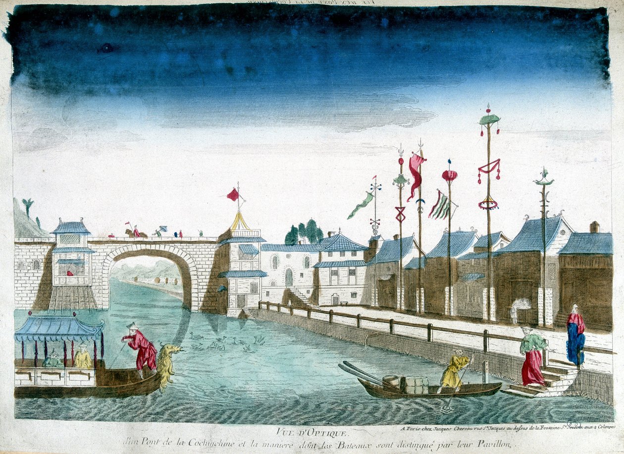 Kochinchine Köprüsü ve tekneler pavyonlardan ayrılıyor. 18. yüzyılın sonundan gravür by Unknown artist