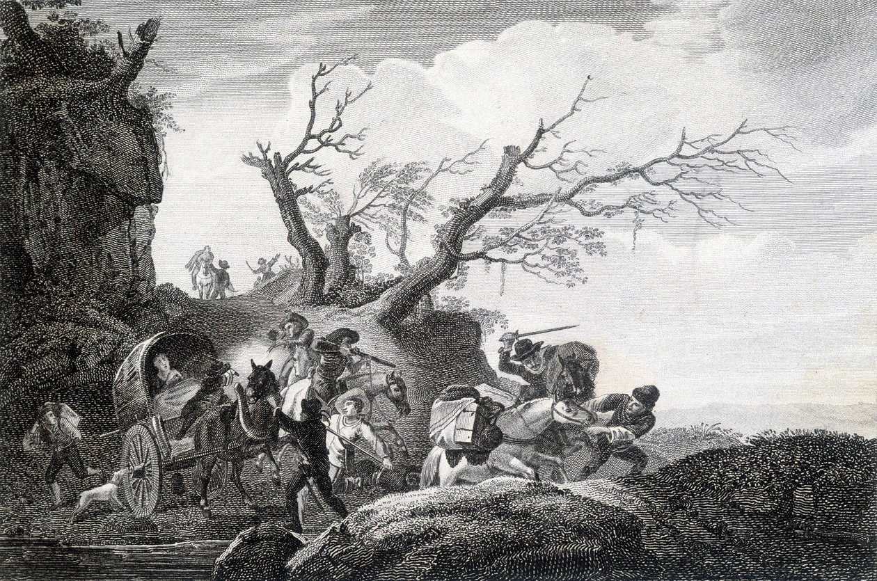 Yolda yolculara saldıran haydutlar. 18. yüzyıldan kalma bir isimsiz gravür. by Unknown artist