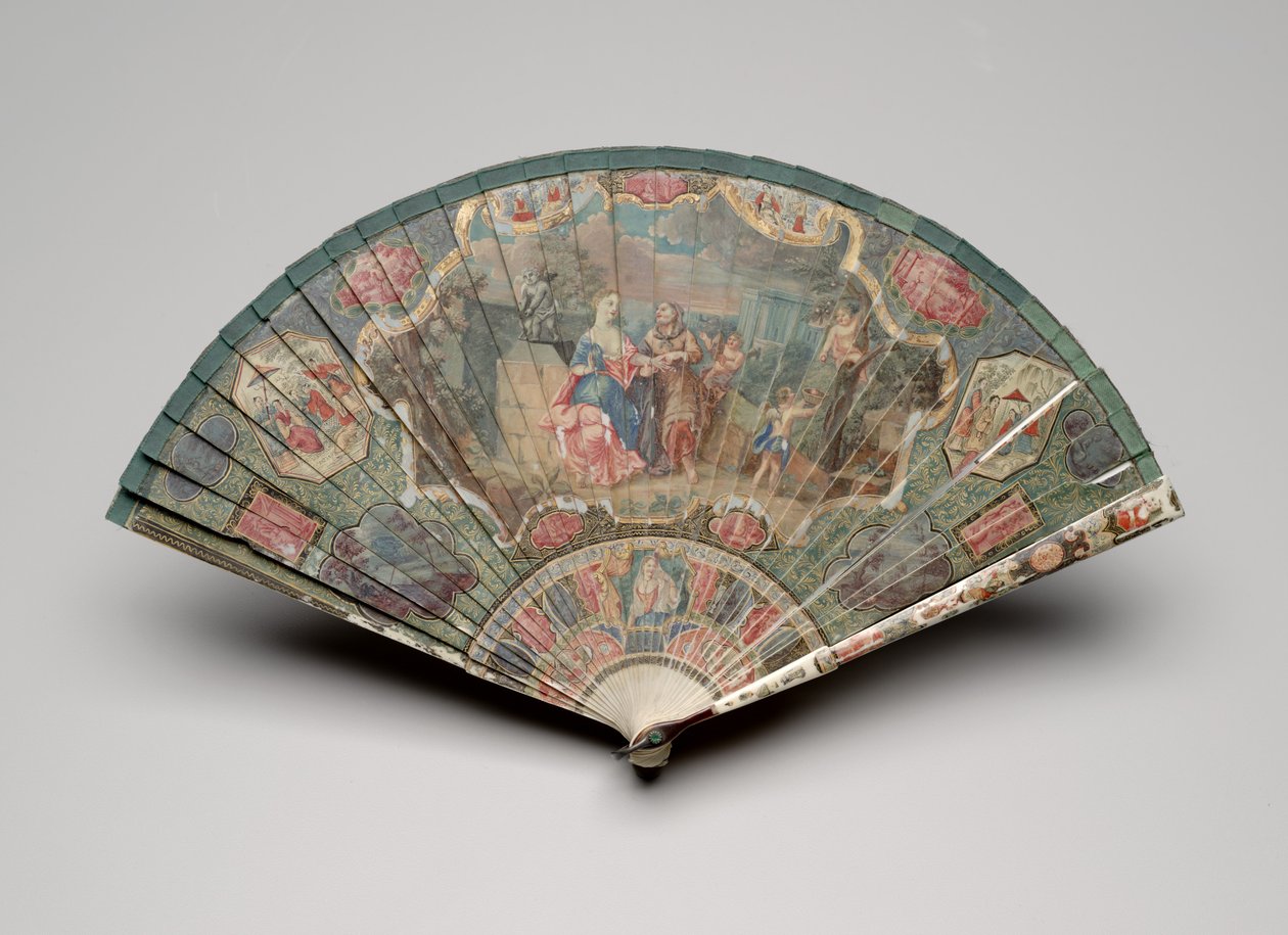 Falcı ve chinoiserie motifli Brisé yelpazesi, c.1700-25 (fildişi bıçaklar üzerinde guaj, ipek kurdele, bağa, macun taşları ve pirinç halka) by Unknown artist