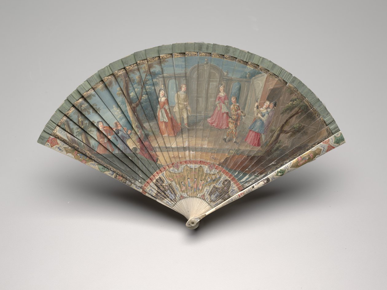 Comédie-Italienne sahneli Brisé yelpazesi, c.1700-25 (fildişi veya kemik bıçaklar üzerine guaj, ipek kurdele, yaldız, sedef ve pirinç) by Unknown artist