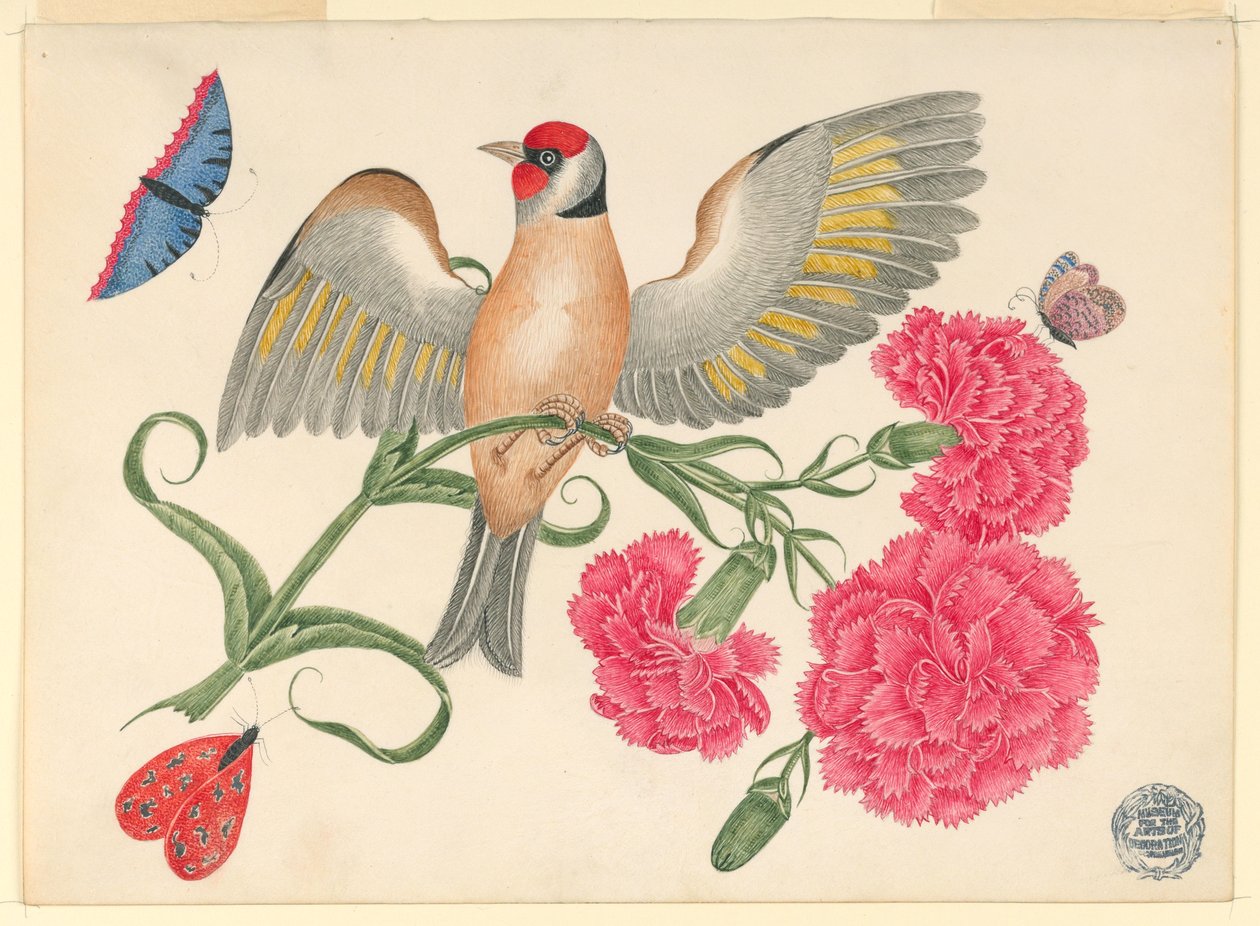 Kelebekler ile karanfil sapı üzerinde kırmızı kafalı kahverengi kuş by Unknown artist