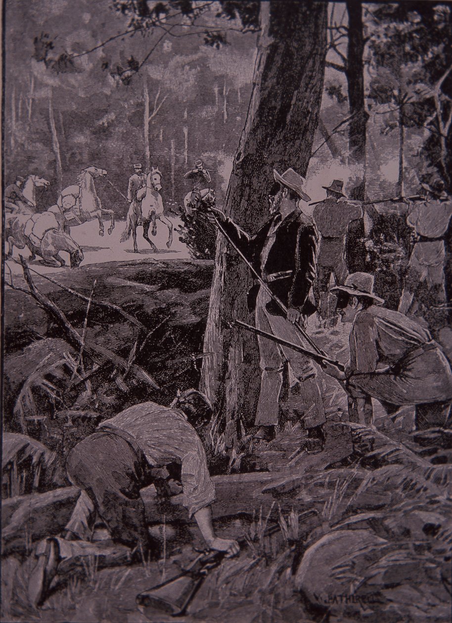 Bushrangers, Avustralyalı haydutlar, altın bir eskort soyuyor (gravür) by Unknown artist