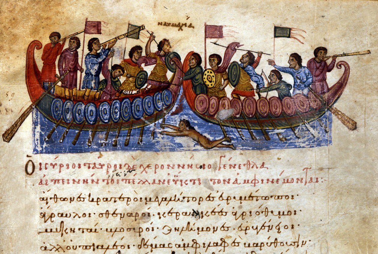 Bizans deniz savaşı. Bir hücum yüzücüsü düşman gemisine saldırır. 11. yüzyıldan kalma el yazması. Venedik, İncil. Marciana. by Unknown artist