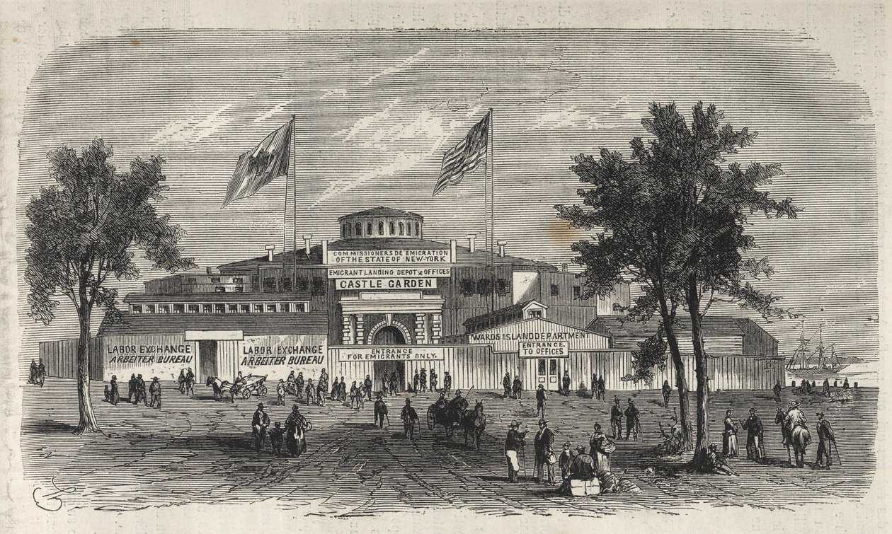 Castle Garden Göçmenlik Merkezi Deposu - Castle Garden göçmen deposu - New York Eyaleti - Göç Komisyonu Kuruluşu - 1869 tarihli “Muhteşem Evrende” Gravür by Unknown artist