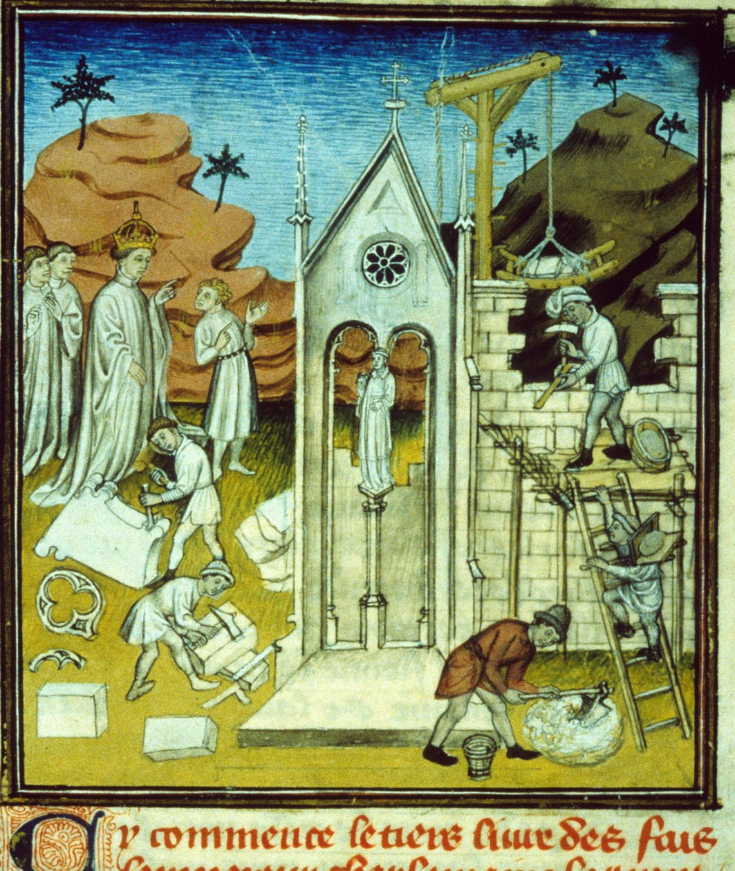 Charlemagne bir katedralin inşaat alanını ziyaret ediyor - 14. yüzyılın sonlarına ait Orta Çağ “Büyük Saint-Denis Chronicles” yazısına ilişkin el yazması aydınlatması (ref. 512, 096r) Toulouse Belediye Kütüphanesinden izin talebi (tel: 05 62 by Unknown artist