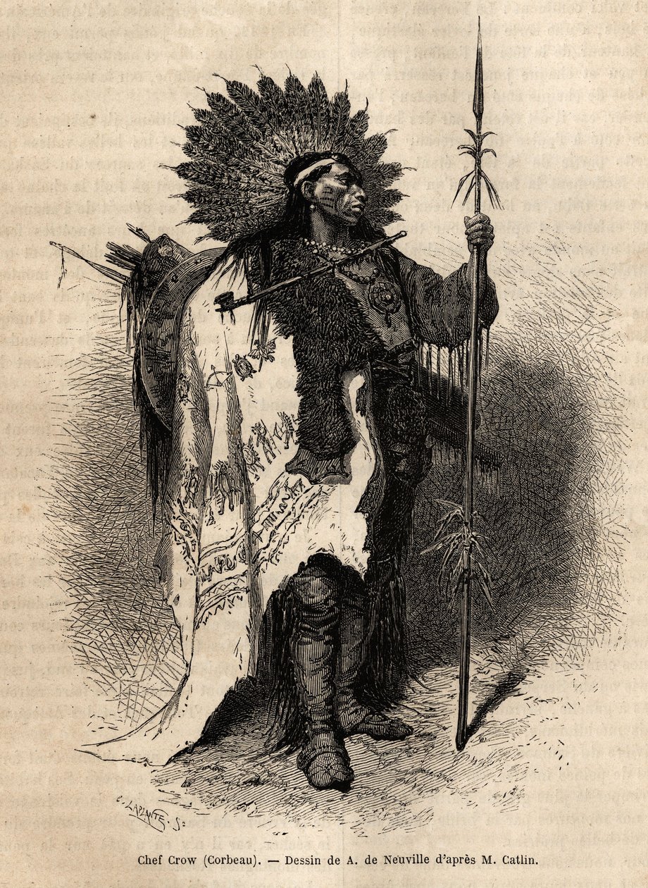 Lewis Nehri boyunca yaşayan Karga Kızılderili kabilesinin Şef Sarı Moccassin. Kolombiya ve Yukarı Missouri havzalarındaki Kızılderili kabileleri arasında bir geziyi gösteren gravür, G. Catlin tarafından 1855