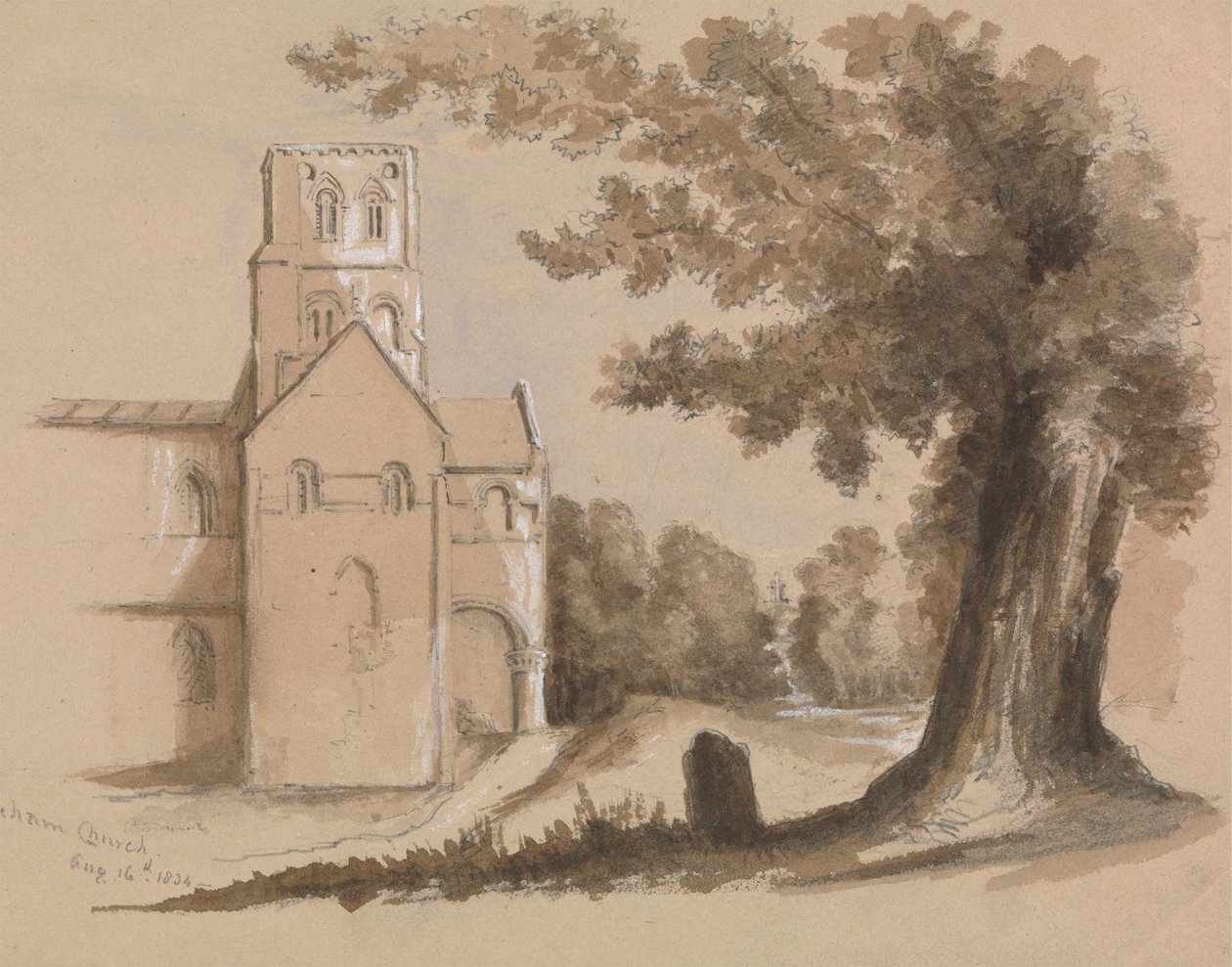 Ön Planda Ağaç ve Mezar Taşı Olan Kilise by Unknown artist