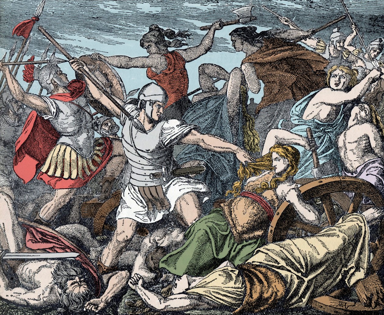 Cimbric Kadınları Vagon Kalesini Savunuyor - Roma Antik Çağı, Cimbres Savaşı: Cimbres kadınlarının Romalı askerlere karşı fedakarlığı by Unknown artist