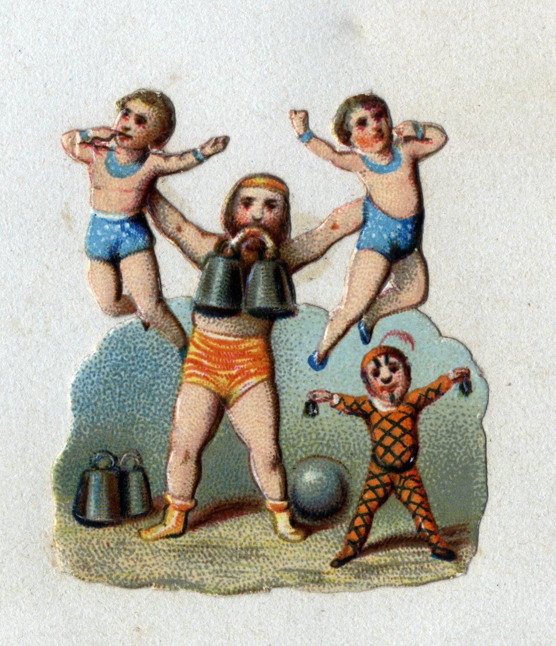 Sirk: Bir alterofil, kaslarının neler yapabileceğini göstermek için dişlerinin arasında bir ağırlık tutarak iki adamı kol mesafesinde kaldırır. 1890 civarında kromolitografi. by Unknown artist