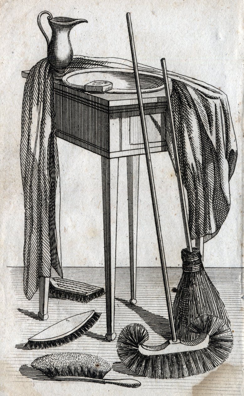 Temizlik ve temizlik aksesuarları: sabun, lavabo, süpürge ve fırçalar. 18. yüzyılın son gravürü. Özel koleksiyon. by Unknown artist