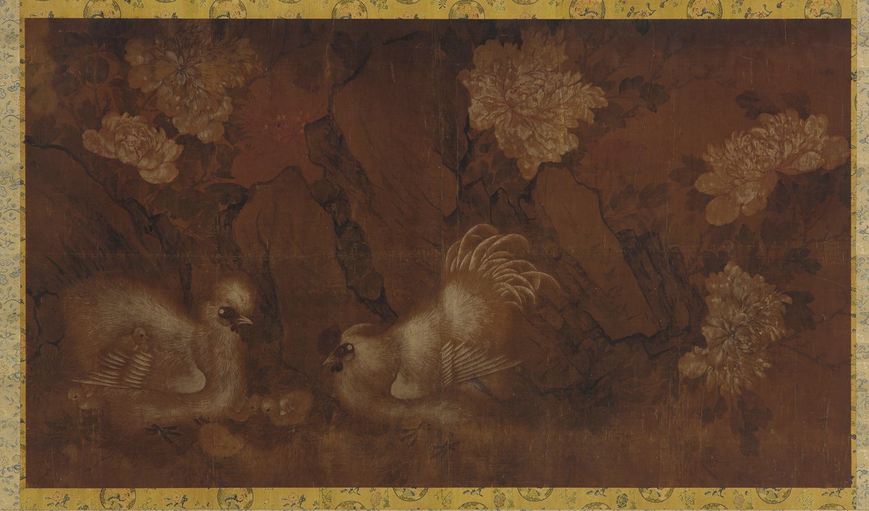 Şakayık çalılarının yanında horoz, tavuk ve tavuklar by Unknown artist