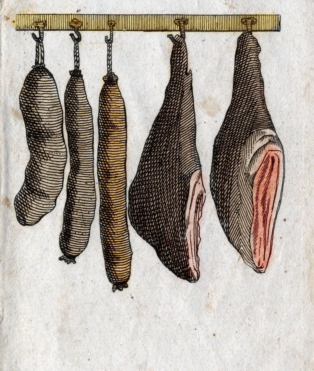 Soğuk etler: Jambon etli ve asılı sosisli soğuk et kancaları. 18. yüzyılın son gravürü. Özel koleksiyon. by Unknown artist
